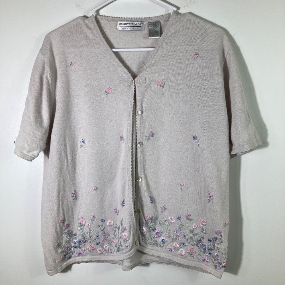 Womens‎ Vintage Carolyn Taylor Short Sleeve Embroidered Button Cardigan Gray L